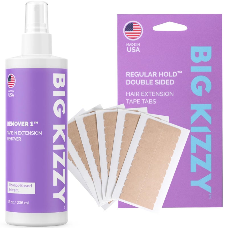 Big Kizzy 8oz Tape Ins Hair Extension Remover Spray + 72 tabs Double Sided REGULAR Hold Hair Extension Replacement Tape by Big Kizzy, Professional Quality and Easy to use instructions - Image 1