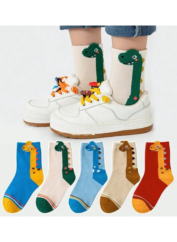 Goolsky 5pcs Cartoon Dinosaur Crew Socks - Breathable & Comfy for Boys and Girls, Perfect for All Seasons 3-8 yrs old - Image 1