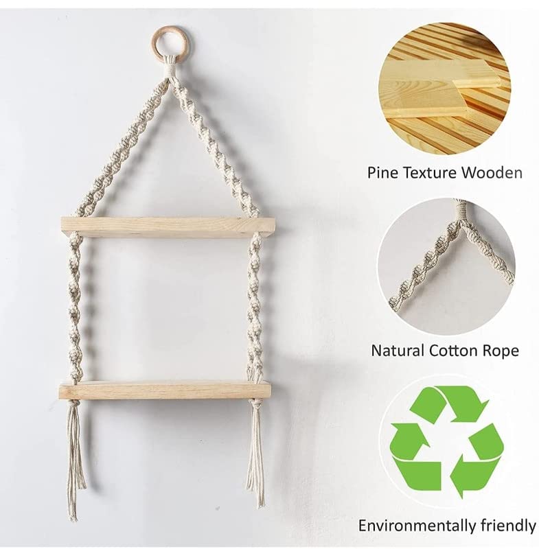 wall hanging Multi Functional Macrame Natural Pine Bohemian Hand Woven 2Tier Floating Shelf Bookcase Display Storage Rack L 68 x 30 W cm White - Image 4