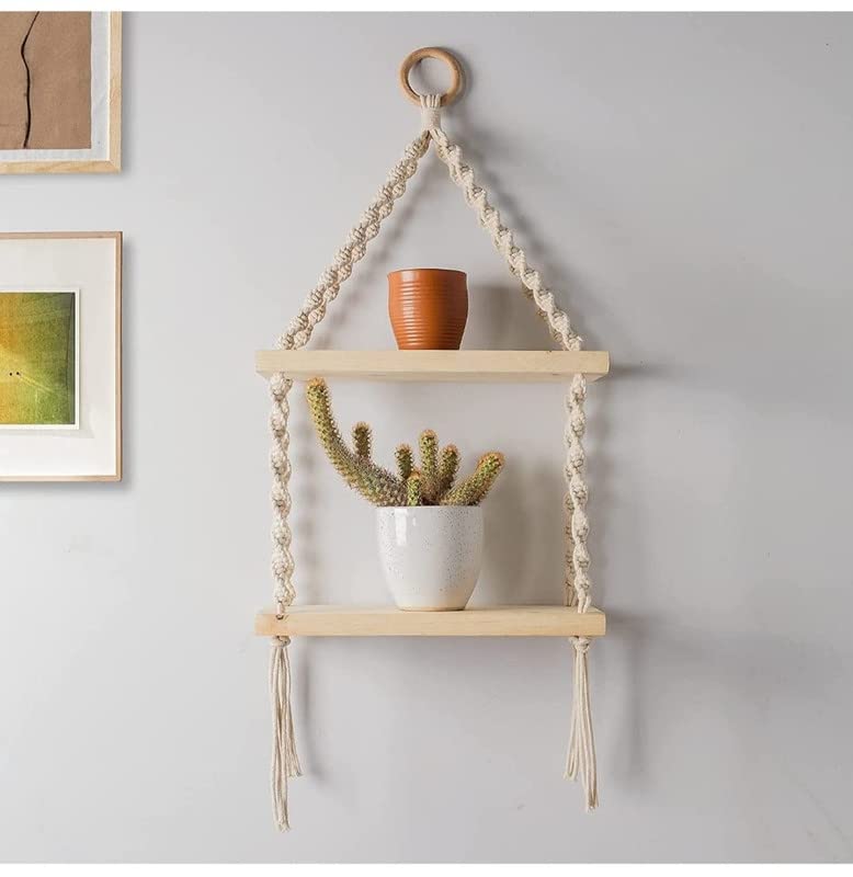 wall hanging Multi Functional Macrame Natural Pine Bohemian Hand Woven 2Tier Floating Shelf Bookcase Display Storage Rack L 68 x 30 W cm White - Image 1