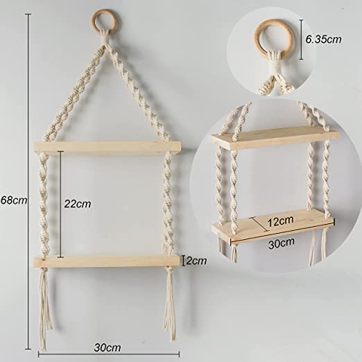 wall hanging Multi Functional Macrame Natural Pine Bohemian Hand Woven 2Tier Floating Shelf Bookcase Display Storage Rack L 68 x 30 W cm White - Image 2