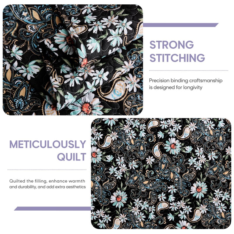 JSD Black Paisley Floral Quilt Set Full Queen, 3 Piece Printed Bedspreads Coverlet with Pillow Sham, Soft Microfiber Quilted Blanket - Image 3