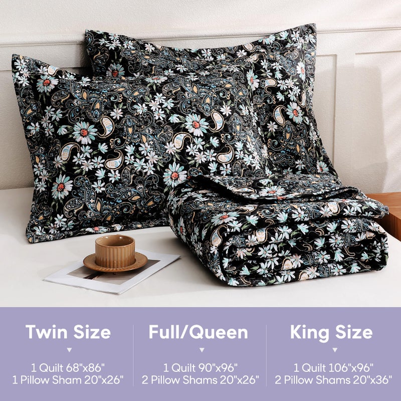 JSD Black Paisley Floral Quilt Set Full Queen, 3 Piece Printed Bedspreads Coverlet with Pillow Sham, Soft Microfiber Quilted Blanket - Image 2