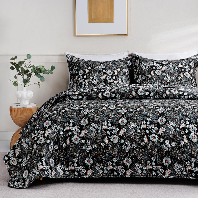 JSD Black Paisley Floral Quilt Set Full Queen, 3 Piece Printed Bedspreads Coverlet with Pillow Sham, Soft Microfiber Quilted Blanket - Image 1