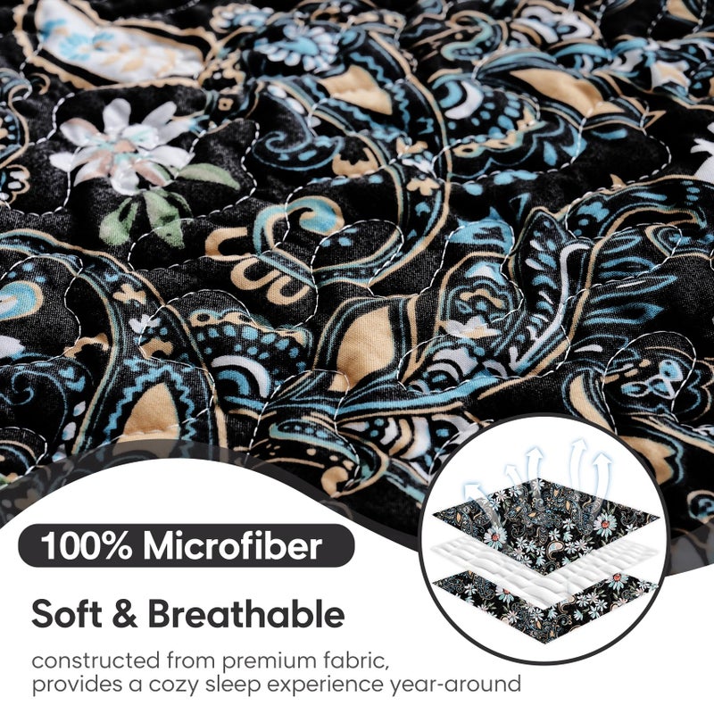JSD Black Paisley Floral Quilt Set Full Queen, 3 Piece Printed Bedspreads Coverlet with Pillow Sham, Soft Microfiber Quilted Blanket - Image 4