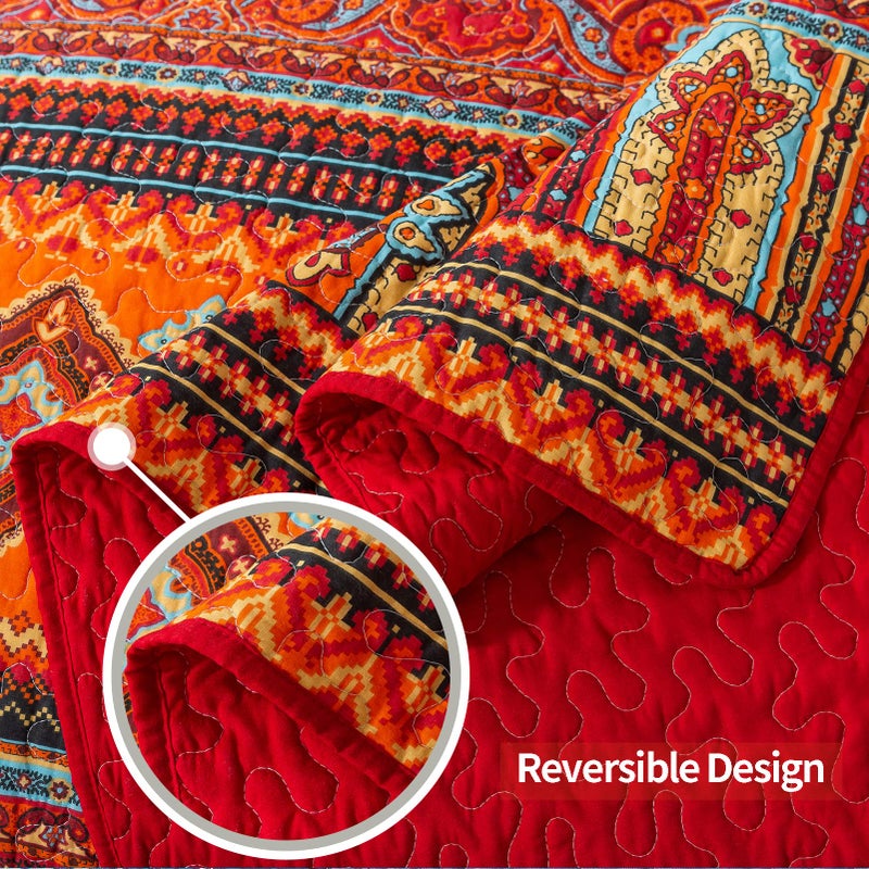VAPUTAR Cotton Quilt Queen Size Bedding Set - 3 Pieces, Boho Queen Size Quilts, Lightweight Reversible Coverlets Bedspreads for Farmhouse Bedroom (Red/Orange) - Image 4