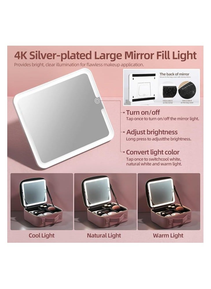 BS Mall BS-MALL Makeup LED Case Makeup Brush Holder With LED Mirror Makeup Tool Organizer Bag Makeup Brush Bag with Shoulder (C-Pink) - Image 2