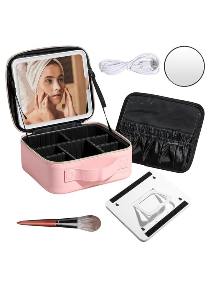 BS Mall BS-MALL Makeup LED Case Makeup Brush Holder With LED Mirror Makeup Tool Organizer Bag Makeup Brush Bag with Shoulder (C-Pink) - Image 1