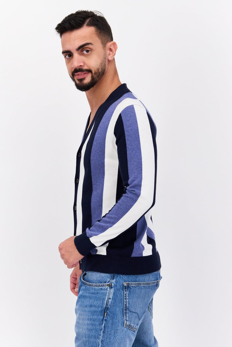 SELECTED Men V-Neck Stripe Cardigan, White Combo - Image 2