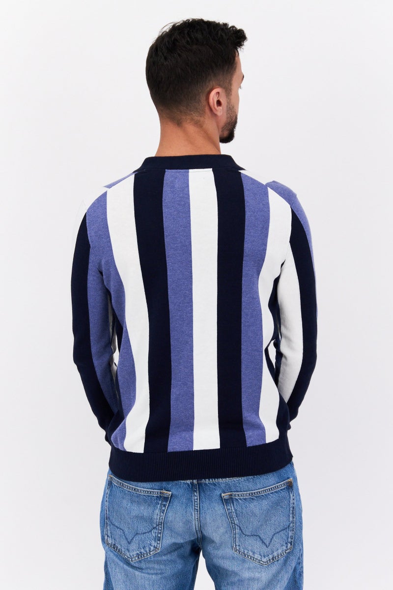 SELECTED Men V-Neck Stripe Cardigan, White Combo  - Image 3