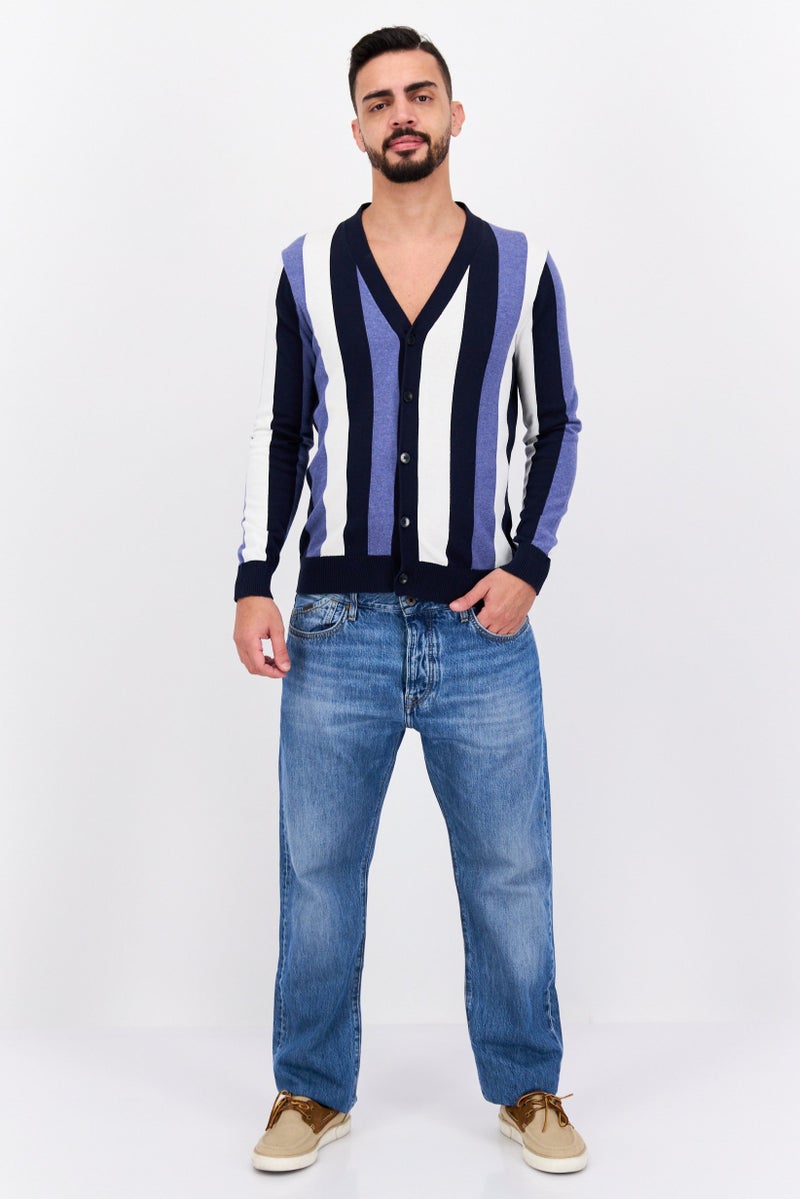 SELECTED Men V-Neck Stripe Cardigan, White Combo  - Image 4