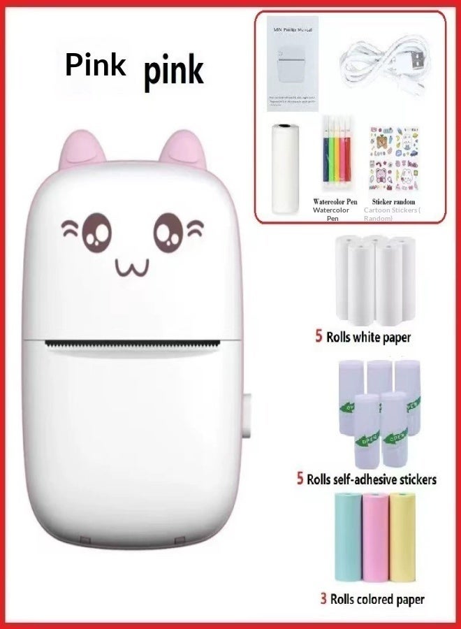 Pink Cat-Shaped Mini Thermal Printer Set (Includes 5 Rolls White Paper + 5 Rolls Self-Adhesive Stickers + 3 Rolls Colored Paper + Watercolor Pen + Random Stickers) - Image 1
