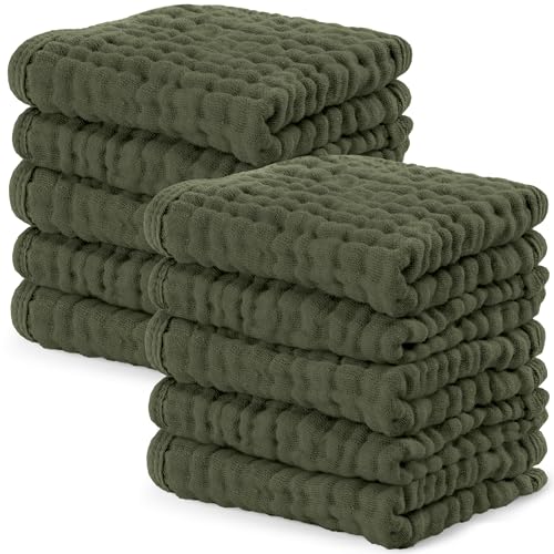 Comfy Cubs Muslin Baby Washcloths 10 Pack Soft 6Layer Cotton Wash Cloths for Sensitive Skin 10x10 Large Gentle Absorbent Infant Essentials for Newborn and Toddlers Kelp - Image 1