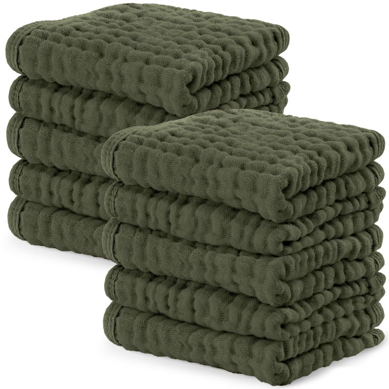 Comfy Cubs Muslin Baby Washcloths 10 Pack Soft 6Layer Cotton Wash Cloths for Sensitive Skin 10x10 Large Gentle Absorbent Infant Essentials for Newborn and Toddlers Kelp - Image 2