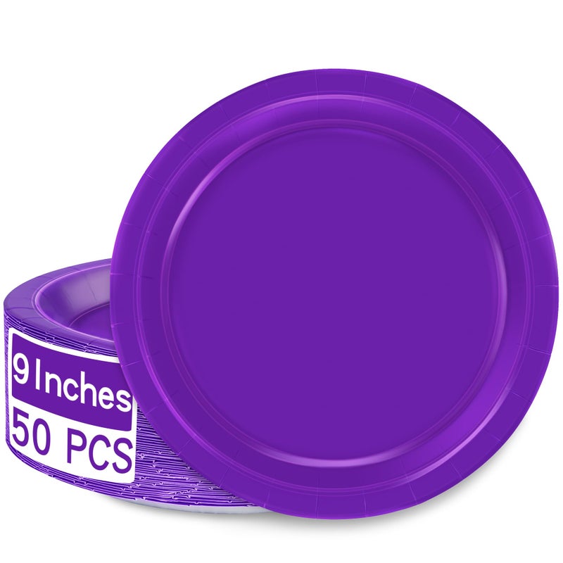 QZYL Disposable Paper Plates Set  50 PCS Purple Dinner Paper Plates  Round 9 Inches Party Plates Pack for Daily Meal Picnic Anniversary Mardi Gras Carnival Festival Gathering Party Supplies - Image 1