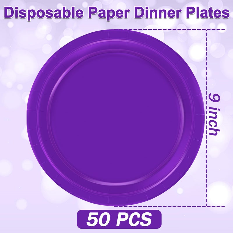 QZYL Disposable Paper Plates Set  50 PCS Purple Dinner Paper Plates  Round 9 Inches Party Plates Pack for Daily Meal Picnic Anniversary Mardi Gras Carnival Festival Gathering Party Supplies - Image 2