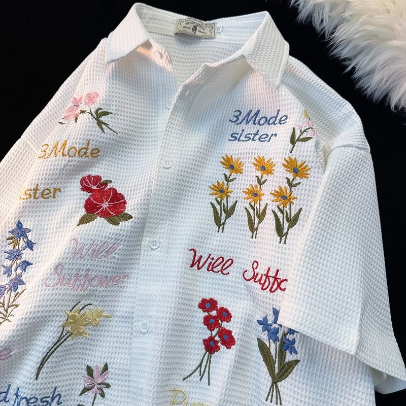 Japanese Style Fresh Style Men'S And Women'S Half Sleeve Lapel Niche Design Shirt Colorful Flower Youth Popular - Image 1