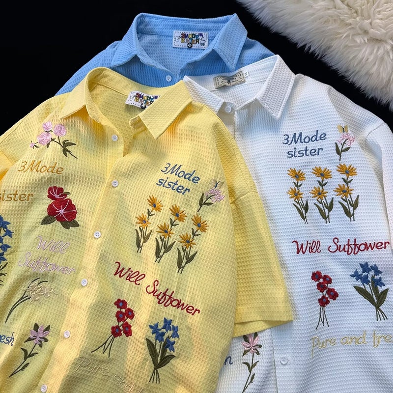 Japanese Style Fresh Style Men'S And Women'S Half Sleeve Lapel Niche Design Shirt Colorful Flower Youth Popular - Image 2