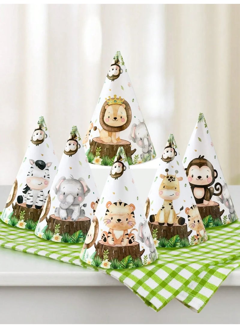 Birthday Party Decoration Paper Hats Set of 6 Featuring Cute Forest Animal Designs Lightweight and Comfortable to Wear - Image 1