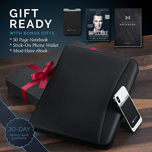 NERO MANETTI- Zippered Vegan Leather Padfolio/Portfolio Pad Holder-Business PU Leather Notepad Folder for Resumes, Interviews, iPad/Tablet, Phone, Legal Pad Notebook Executive Binder for Women, Men - Image 2
