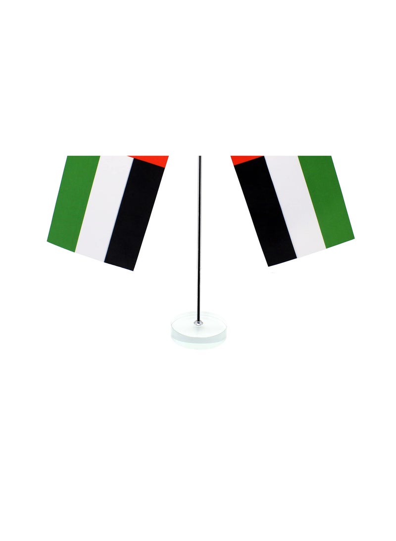 ماركة غير محددة حامل علم طاولة معدني لدولة الإمارات العربية المتحدة - حامل عمود أعلام صغير مزدوج على شكل حرف Y - حامل سارية علم متين للمكتب أو المنزل أو المكتب أو المناسبات لتزيين طاولة المؤتمرات - حامل علم معدني فضي للمدارس  - Image 3