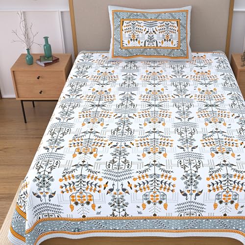 EasyGoods® 100% Pure Cotton Jaipuri Bedsheet with Pillow Covers | Soft & Breathable Fabric | Traditional Floral Print | Cotton Bedsheet (Yellow, Single) - Image 1