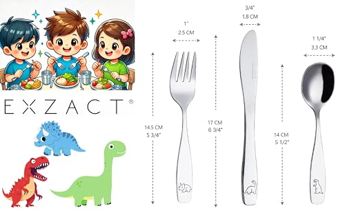 Exzact Kids Flatware 6 Pieces Stainless Steel Children Silverware 2 x Forks, 2 x Knives, 2 x Spoons,Toddler Utensils, Dishwasher Safe, 24 Months+ (Dinosaurs Engraved) - Image 3