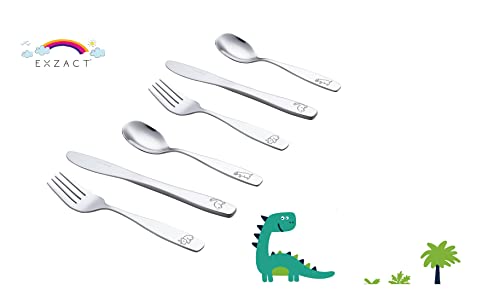 Exzact Kids Flatware 6 Pieces Stainless Steel Children Silverware 2 x Forks, 2 x Knives, 2 x Spoons,Toddler Utensils, Dishwasher Safe, 24 Months+ (Dinosaurs Engraved) - Image 2