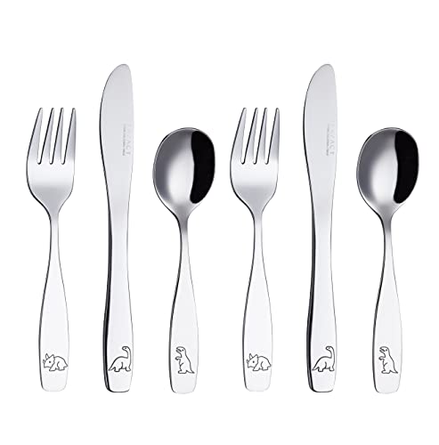 Exzact Kids Flatware 6 Pieces Stainless Steel Children Silverware 2 x Forks, 2 x Knives, 2 x Spoons,Toddler Utensils, Dishwasher Safe, 24 Months+ (Dinosaurs Engraved) - Image 1