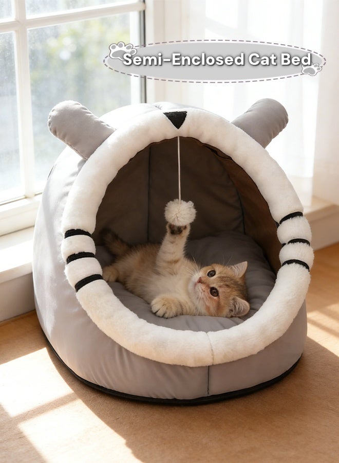 أسرة داخلية للقطط، بيت للقطط مع لعبة معلقة، كهف ناعم للقطط للعب والنوم، سرير مريح مغطى للقطط مع سجادة قابلة للغسل والفصل، سرير شبه مغلق للحيوانات الأليفة بقاعدة مانعة للانزلاق مناسب للقطط والكلاب الصغيرة - Image 1