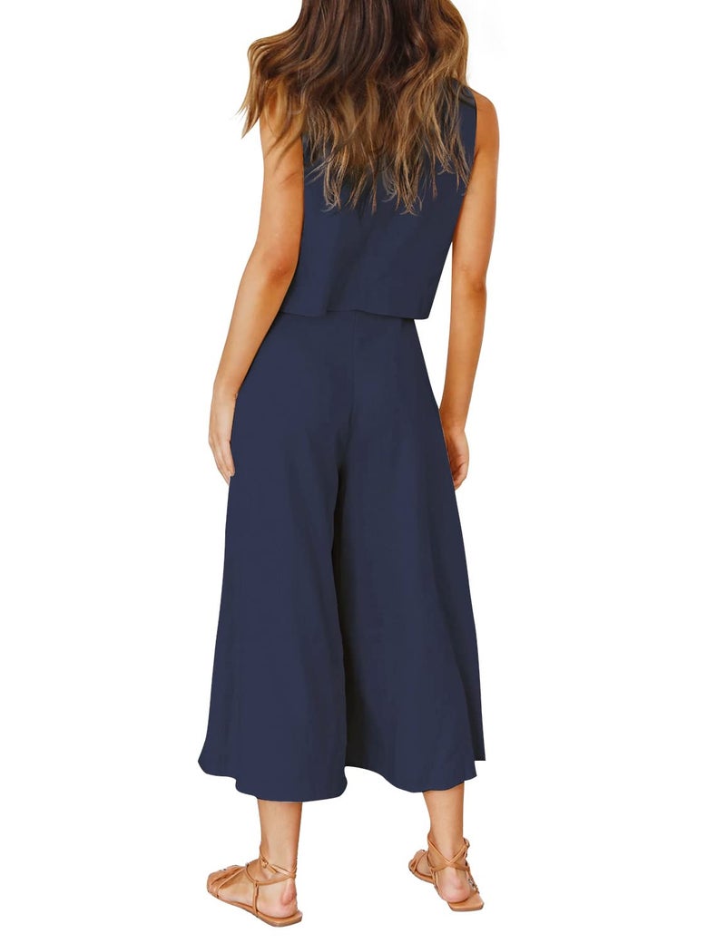 ROYLAMP Women's Summer 2 Piece Outfits Round neck Crop Basic Top Cropped Wide Leg pants Set Jumpsuits Navy Blue L - Image 4