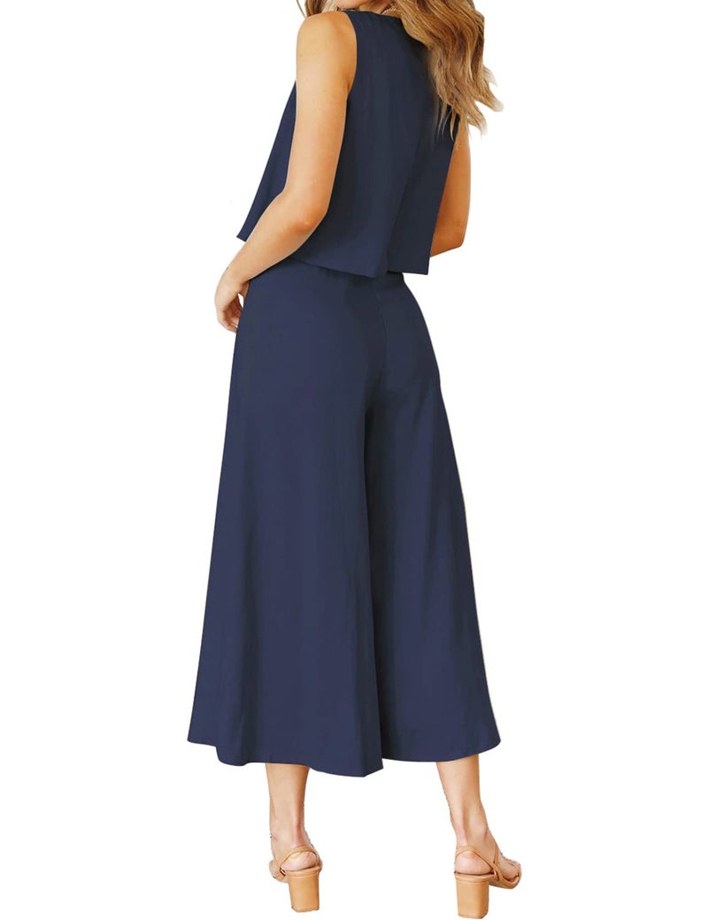 ROYLAMP Women's Summer 2 Piece Outfits Round neck Crop Basic Top Cropped Wide Leg pants Set Jumpsuits Navy Blue L - Image 3