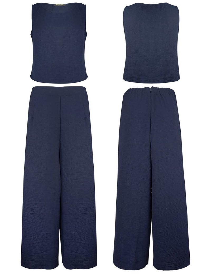 ROYLAMP Women's Summer 2 Piece Outfits Round neck Crop Basic Top Cropped Wide Leg pants Set Jumpsuits Navy Blue L - Image 5