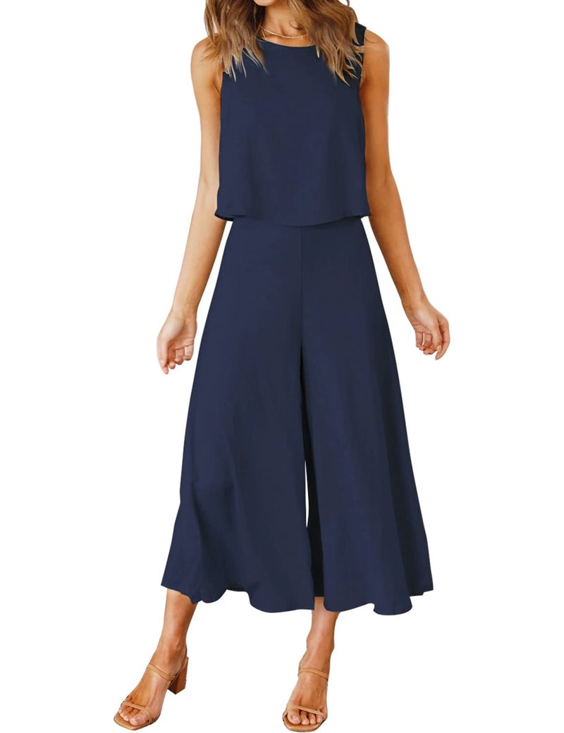 ROYLAMP Women's Summer 2 Piece Outfits Round neck Crop Basic Top Cropped Wide Leg pants Set Jumpsuits Navy Blue L - Image 1
