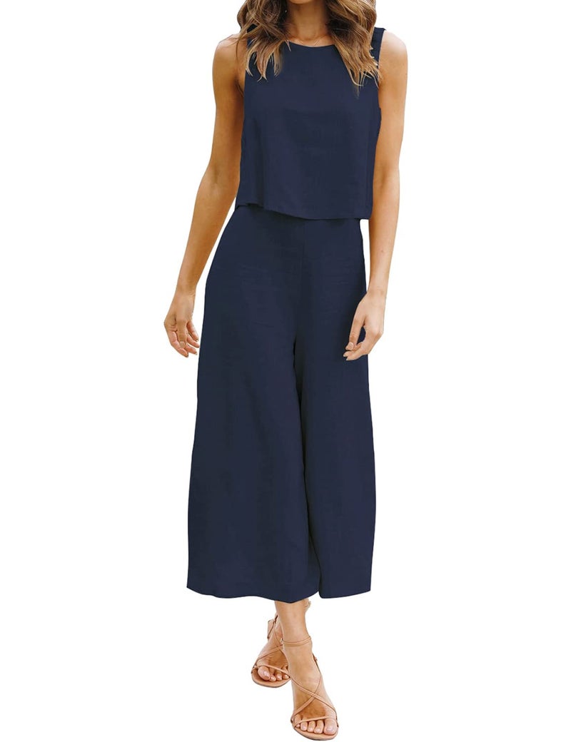ROYLAMP Women's Summer 2 Piece Outfits Round neck Crop Basic Top Cropped Wide Leg pants Set Jumpsuits Navy Blue L - Image 2