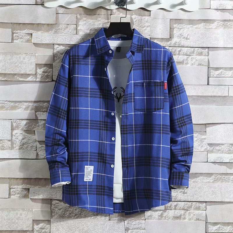Spring and Autumn Thin Plaid Long-sleeved Shirt Mens Loose Ins Fashionable Korean Style Shirt Mens Work Clothes for Construction Site Blue 6670