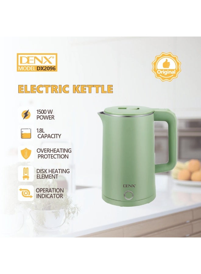 DENX DX2096 Electric Kettle – 1.8L, 1500W, Green, Disk Heating & Overheat Protection - Image 2