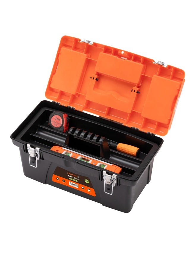 LAWAZIM Orange and Black Toolbox with Iron Latches - 19inch Durable Plastic Tool Box, Tool Organizer with Removable Tray, Carrying Handle & Top-Lid Storage for Home Repair DIY, Garage, Workshop Tools - Image 5