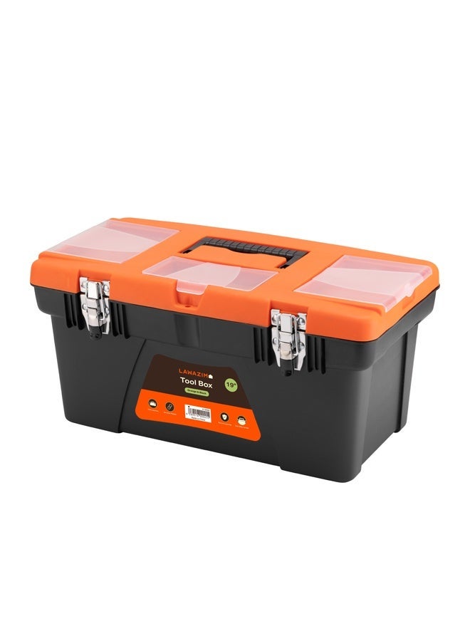 LAWAZIM Orange and Black Toolbox with Iron Latches - 19inch Durable Plastic Tool Box, Tool Organizer with Removable Tray, Carrying Handle & Top-Lid Storage for Home Repair DIY, Garage, Workshop Tools - Image 4