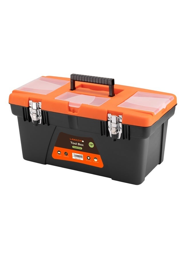 LAWAZIM Orange and Black Toolbox with Iron Latches - 19inch Durable Plastic Tool Box, Tool Organizer with Removable Tray, Carrying Handle & Top-Lid Storage for Home Repair DIY, Garage, Workshop Tools - Image 1