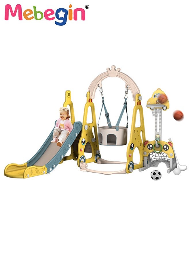 MEBEGIN - 7 in 1 Slide and Swing Set with Basketball Hoop, Golf, Soccer and Ring Toss Games, Baby Slide Playset, Large Indoor and Outdoor Climber Playsets, Complete Playground Set, Constructed from High-quality Materials, Ideal Gift for Toddlers - Image 1