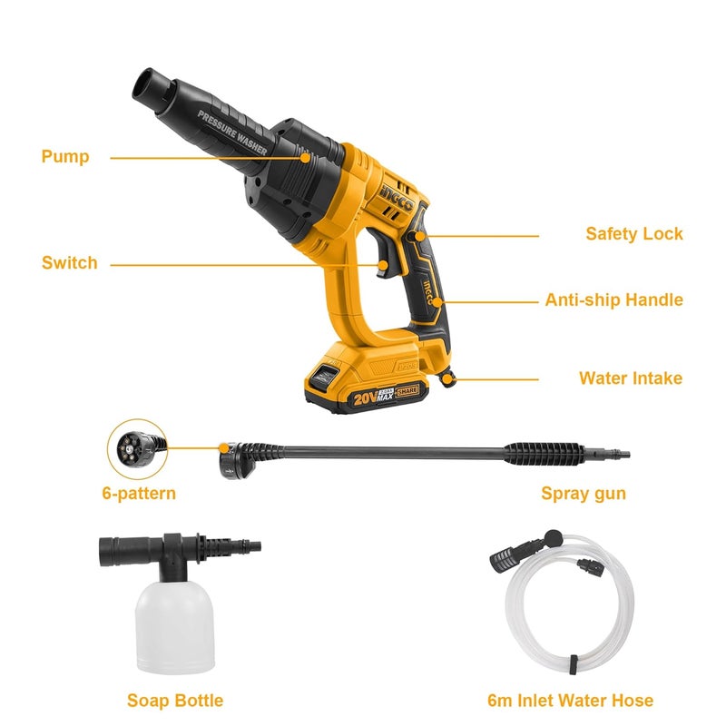 INGCO Cordless Pressure Washer with Battery and Charger Auto Stop System Multipurpose Cleaning Tool Like High Level Ceiling Car Washing and Gardening Fertilizers Floor Cleaning - Image 3