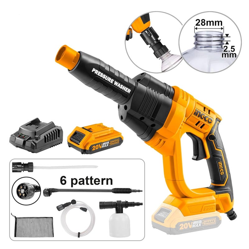 INGCO Cordless Pressure Washer with Battery and Charger Auto Stop System Multipurpose Cleaning Tool Like High Level Ceiling Car Washing and Gardening Fertilizers Floor Cleaning - Image 2