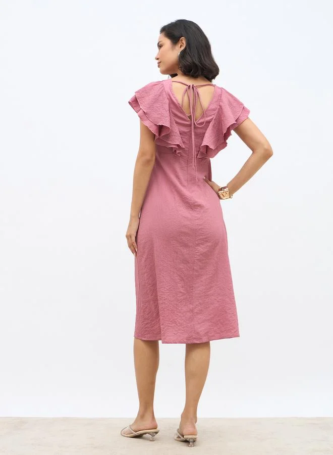 Styli Styli Solid Ruffled Detail V-Neck A-Line Midi Dress