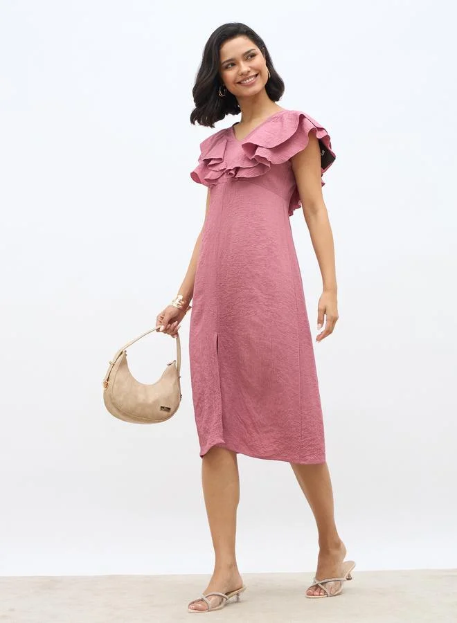 Styli Styli Solid Ruffled Detail V-Neck A-Line Midi Dress