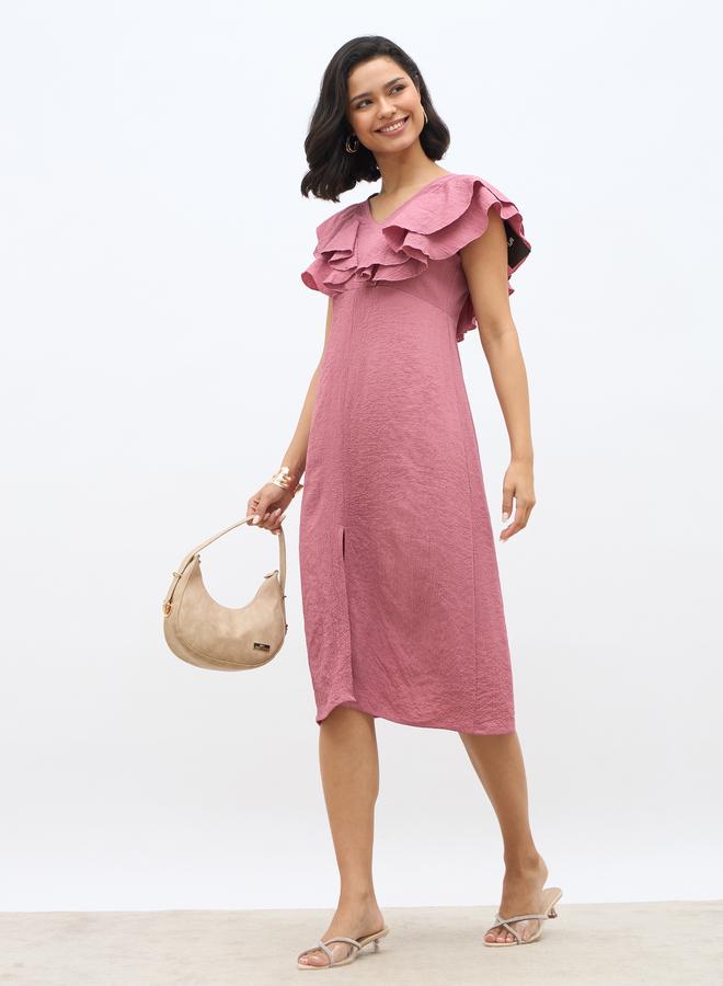 Styli Solid Ruffled Detail V-Neck A-Line Midi Dress - Image 1
