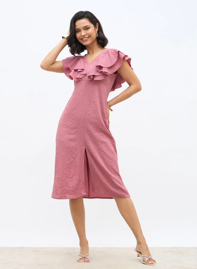 Styli Styli Solid Ruffled Detail V-Neck A-Line Midi Dress