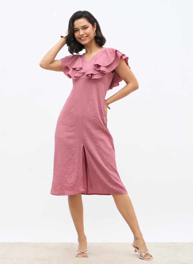 Styli Solid Ruffled Detail V-Neck A-Line Midi Dress - Image 2