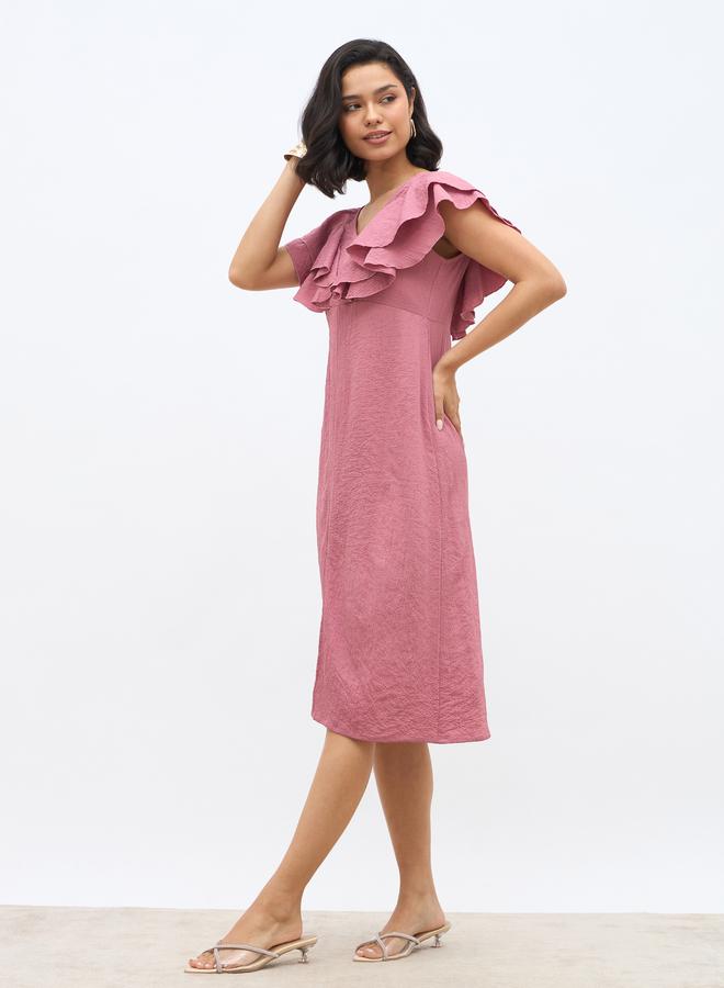 Styli Solid Ruffled Detail V-Neck A-Line Midi Dress - Image 3