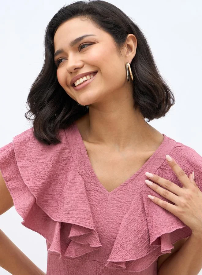 Styli Styli Solid Ruffled Detail V-Neck A-Line Midi Dress